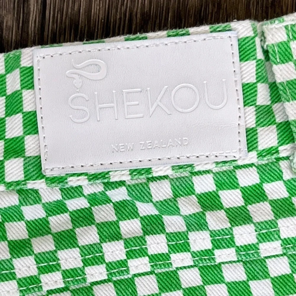 Shekou Women Size XS Linen Green Checkered Straight Leg High Waisted Trousers